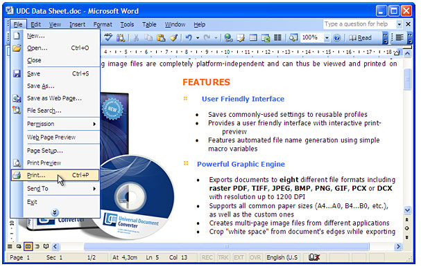 Open the document in Microsoft Word and press File-Print... in application main menu.