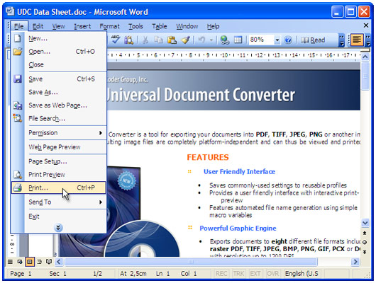 Open the document in Microsoft Word and press File-Print... in application main menu.