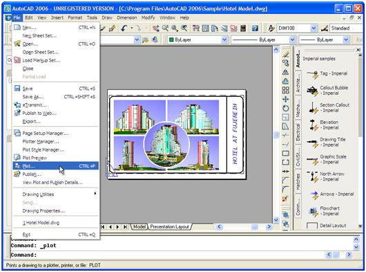Откройте чертеж в AutoCAD и нажмите Файл->Чертить... в главном меню приложения